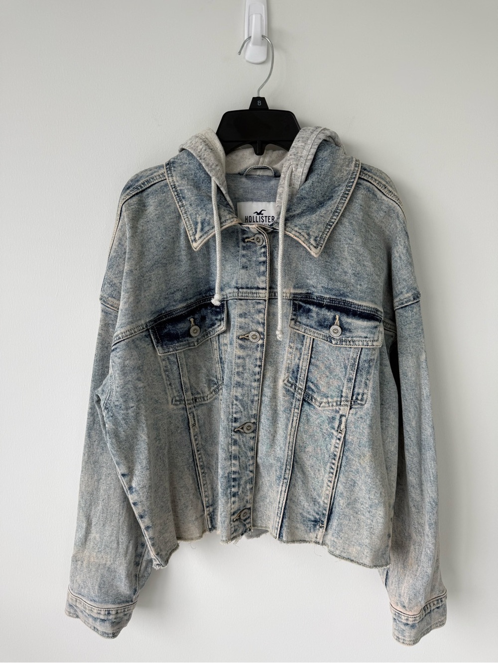Hollister Acid Wash Light Blue Denim Jacket with Grey Hood